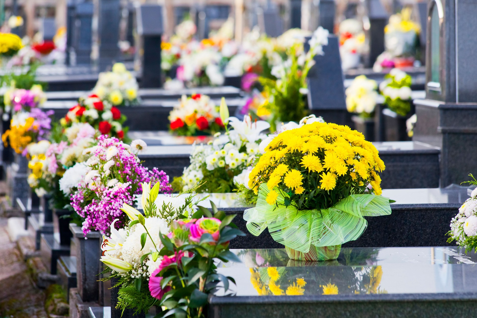 Stone tombstones and flowers in a graveyard.